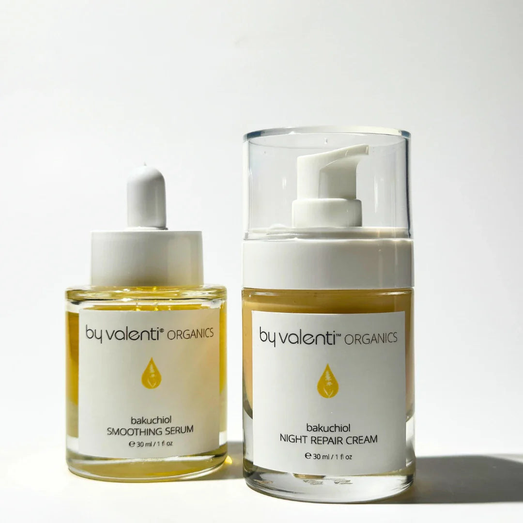 Two bottles of By Valenti Bakuchiol Smoothing Serum and Bakuchiol Night Repair Cream on a white background
