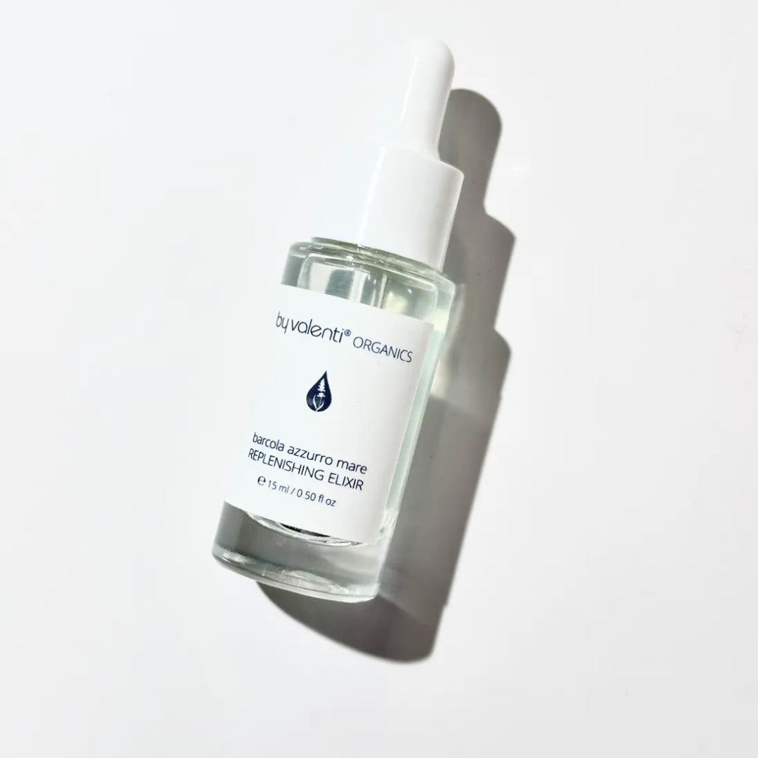 Glass bottle with a dropper of barcola azzurro mare replenishing elixir by By Valenti ORGANICS