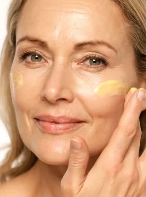 Woman applying By Valenti yellow bakuchiol night repair cream to her face with visible skin texture.