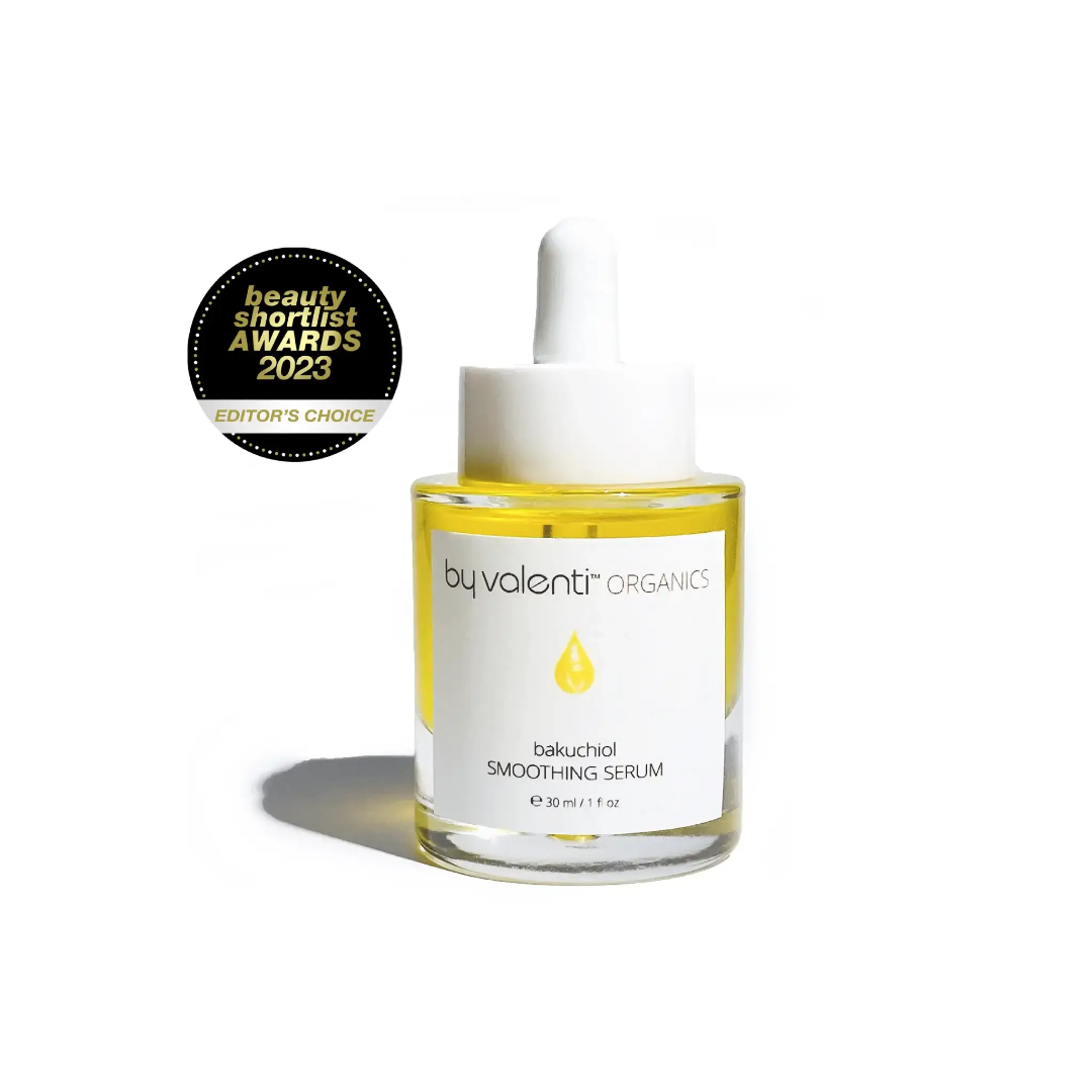 Bottle of By Valenti Bakuchiol Smoothing Serum with a white background and a Beauty Shortlist Awards seal