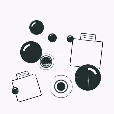 By Valenti illustration of glass cosmetic bottles and bubbles on a white background