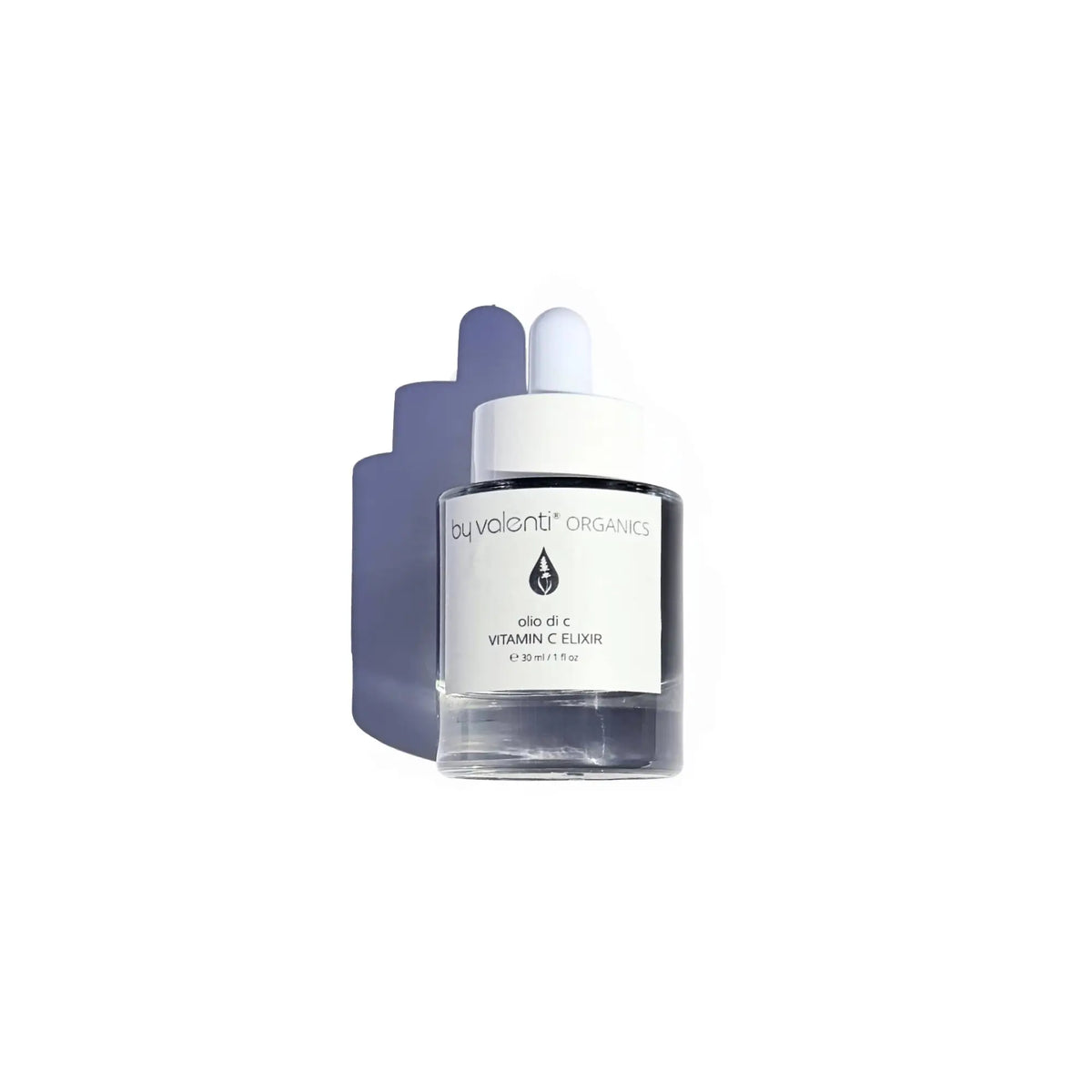 A bottle of by valenti Organics Vitamin C Elixir with a white dropper cap, set against a clean white background with a soft shadow.