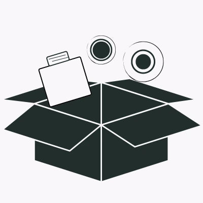 By Valenti illustration of an open box with glass cosmetic bottles being dropped inside the box on a white background