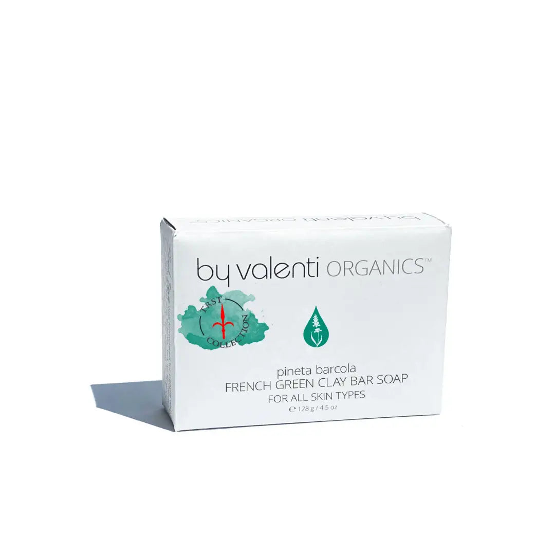 Box of 'by valenti Organics' French Green Clay Bar Soap on a white background