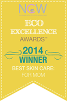By Valenti 2014 Eco Excellence Awards for Best Skin Care for Mom with a yellow and white background